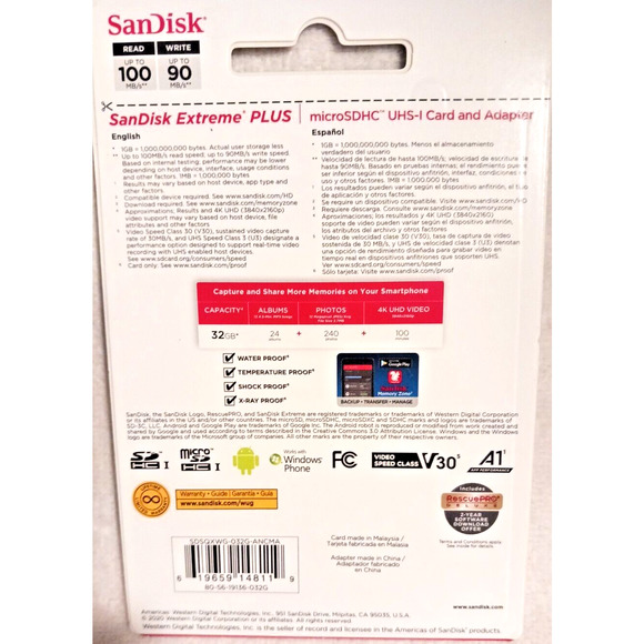 SanDisk 32GB microSD Extreme Capture 100MB/s A1 4K U3 memory card w Adapter - Picture 7 of 10